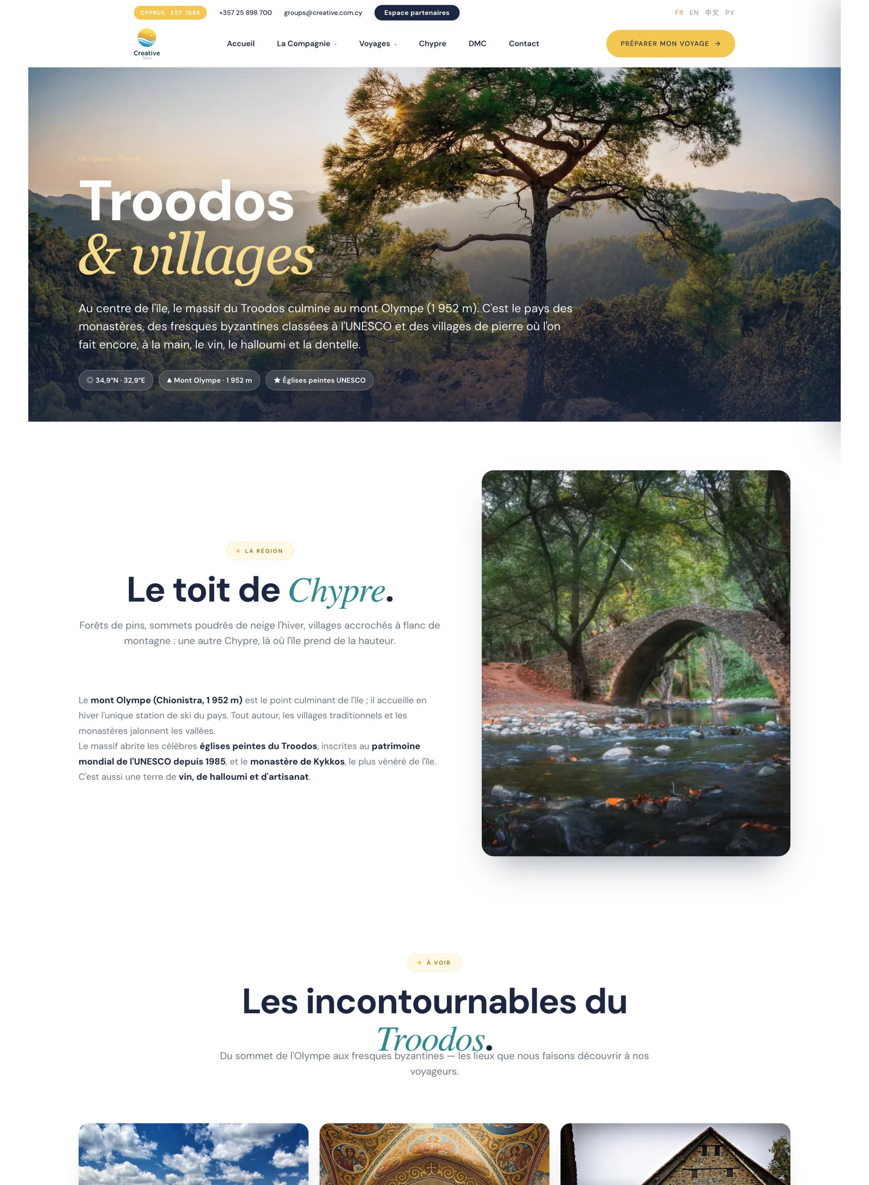 Creative Tours — the Troodos regional page, scrolled top to bottom inside a browser frame
