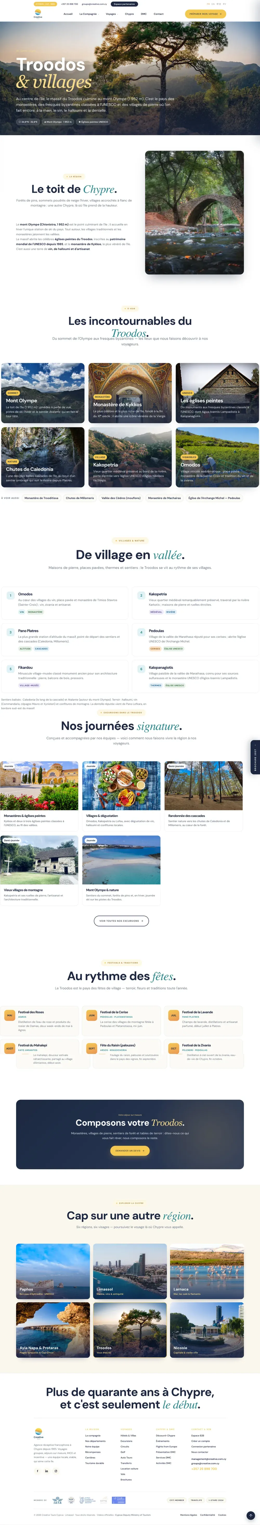 Creative Tours — the Troodos regional page, scrolled top to bottom inside a browser frame