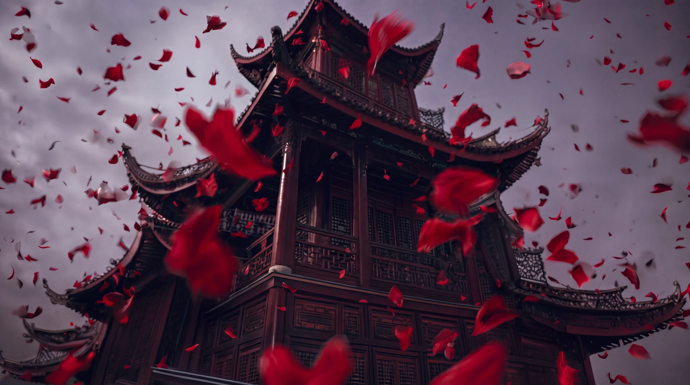 The pagoda tower in falling red petals, empty scene, left half