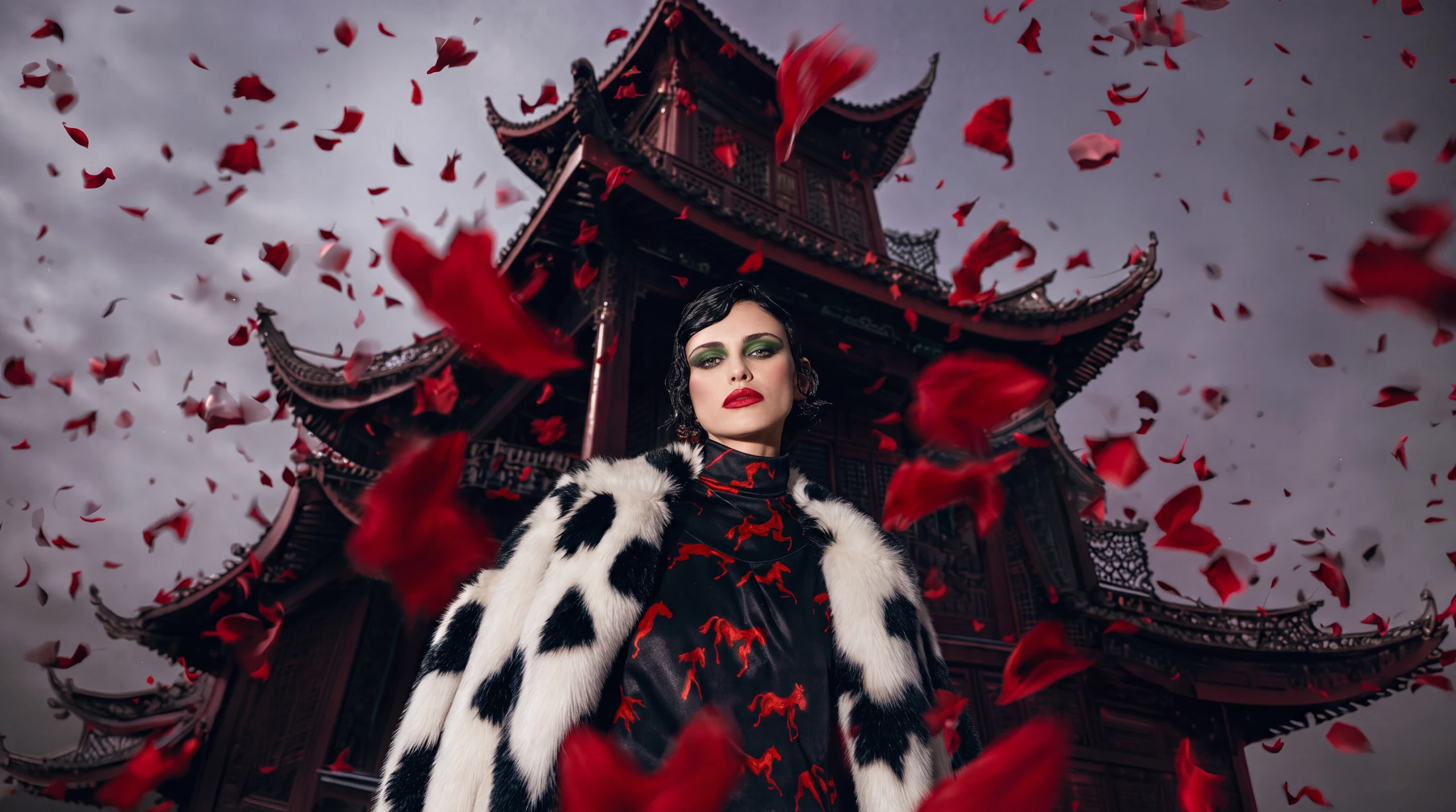 Fire-Horse campaign — the model appears before the pagoda tower in a storm of red petals