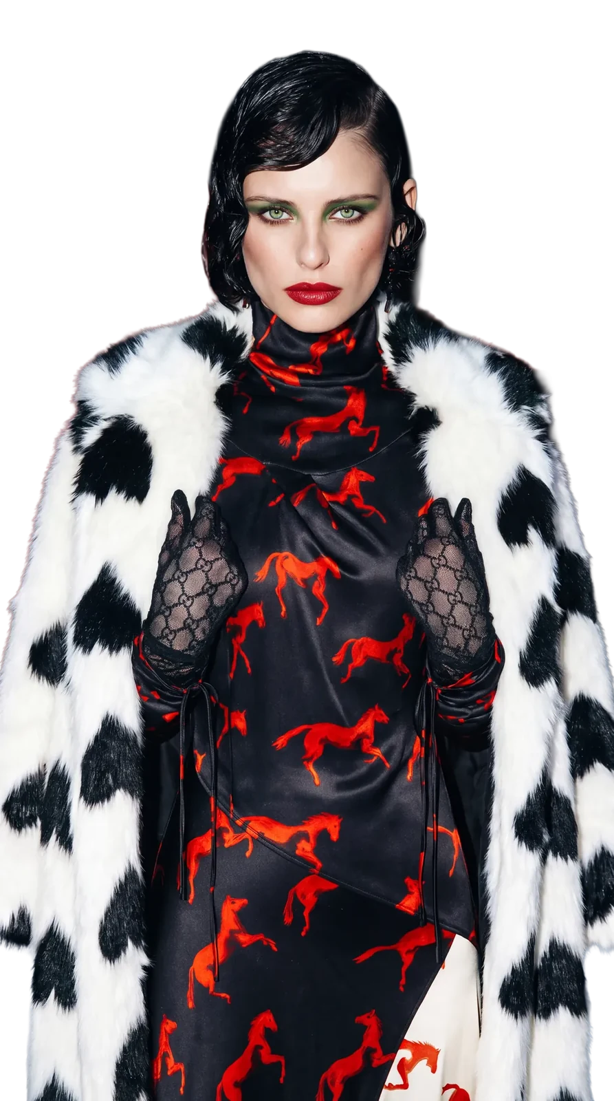 Darii Nicoleta — Fire-Horse campaign figure in a dalmatian fur coat and red-horse dress, cut out on black